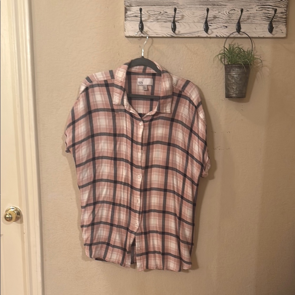 Pink and Black Plaid Button-Up Shirt